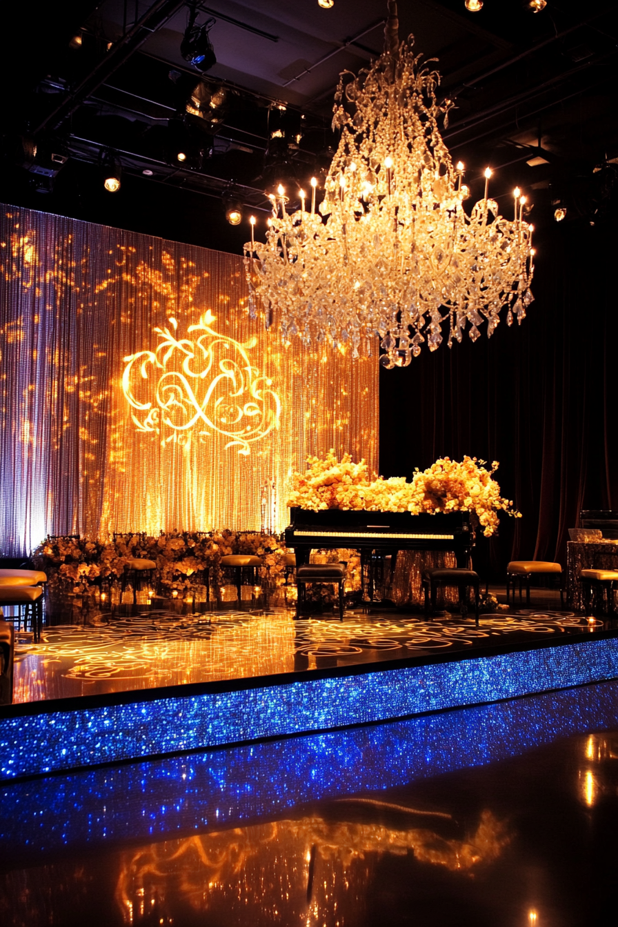 Wedding entertainment space. Crystal chandelier, monogram projection on gold-sequin-draped wall, with cobalt blue LED borders.