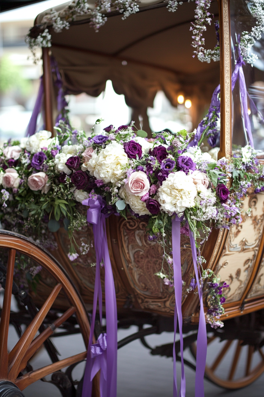 Wedding transport design. Vintage carriage with carnation garlands and lavender ribbon streams.