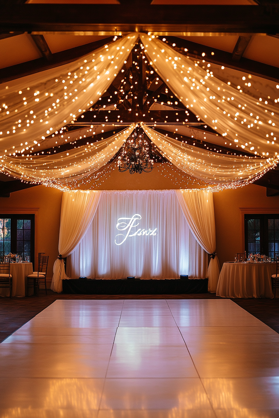 Wedding Entertainment Space. Draped canopy, fairy lights, custom monogram projection, LED bordered stage.