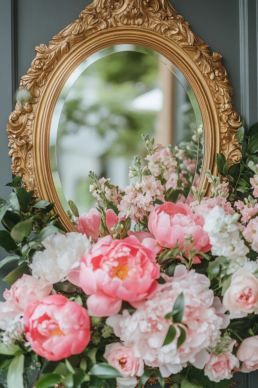 Wedding entrance display. Oval mirror with gold calligraphy and pink peony frame.