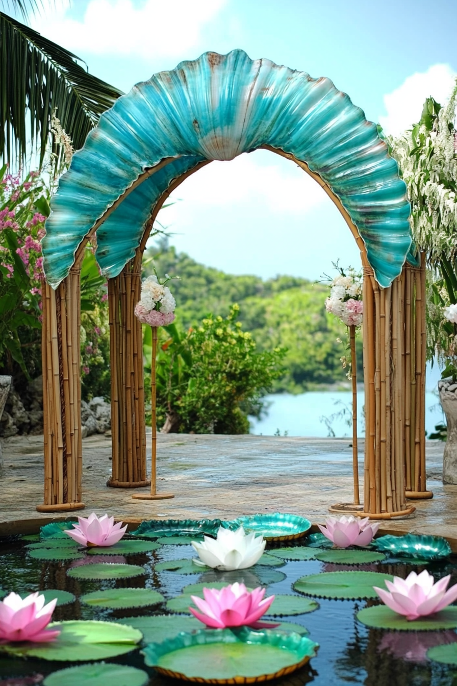 Wedding setup. Turquoise shell arch, bamboo tiki torches, white and pink floating water lilies.