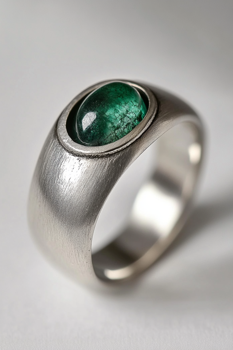 Wedding ring collection. Silver band with interior emerald stone.