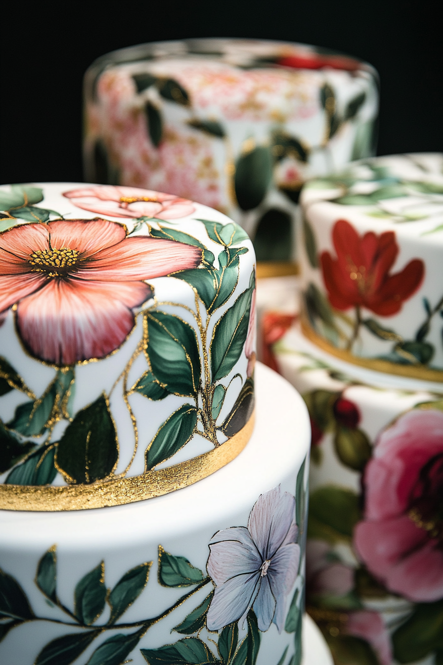 Wedding cake display. Hand-painted botanical illustrations on fondant with gold leaf accents.