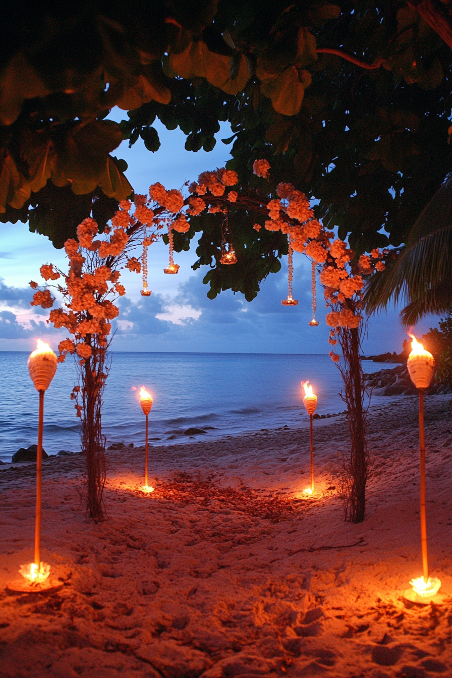 Wedding beach setup. Shell arch adorned with Peach Hydrangeas, surrounded by lit tiki torches.