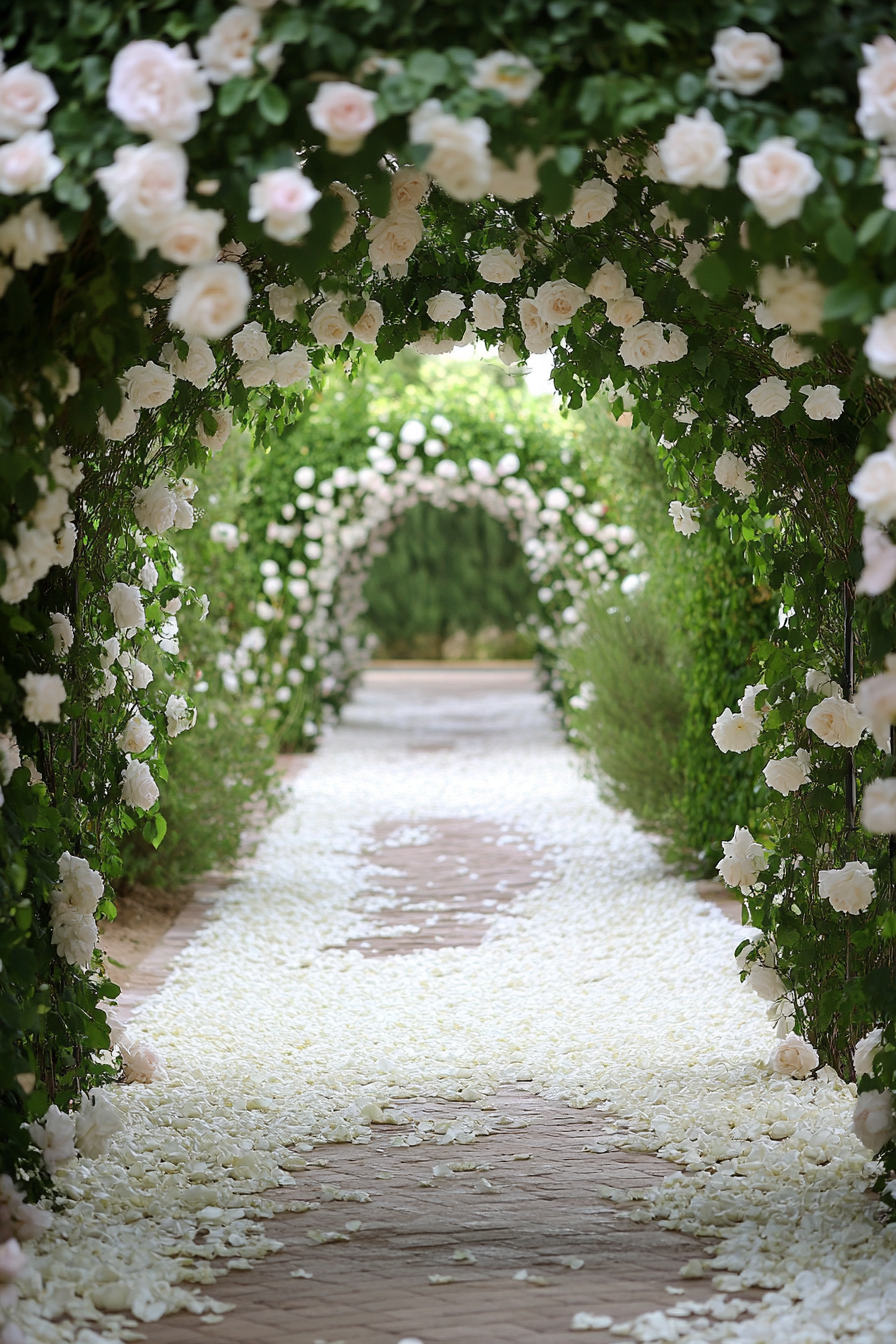 Wedding garden ceremony. White rose arches over ivory petal pathways.