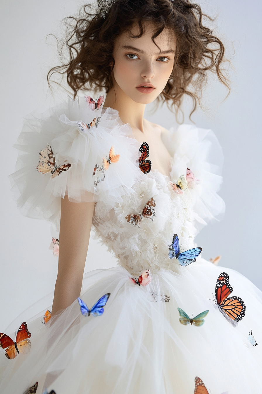 Wedding gown. Tulle layers and butterfly appliques on ball gown.