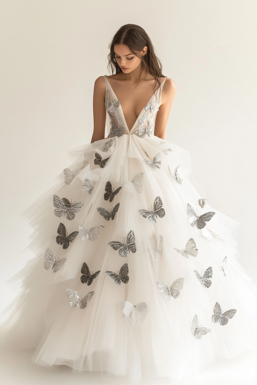 Wedding ball gown. Tulle layers with silver butterfly appliques.