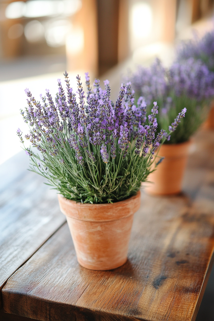 Wedding reception setup. Lavender potted centerpiece on butcher-block tables.