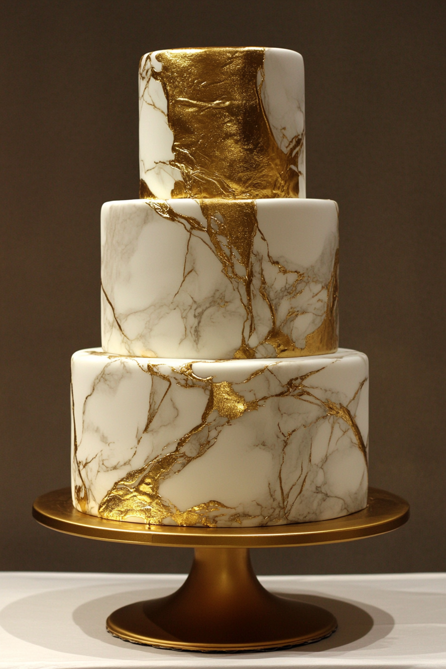 Wedding cake design. Gold veined marble pattern on metallic tier.