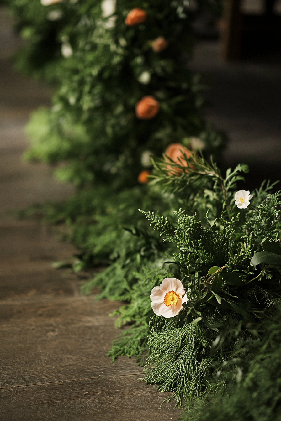 Wedding ceremony backdrop. Fresh greenery garland and wild buttercup blooms.