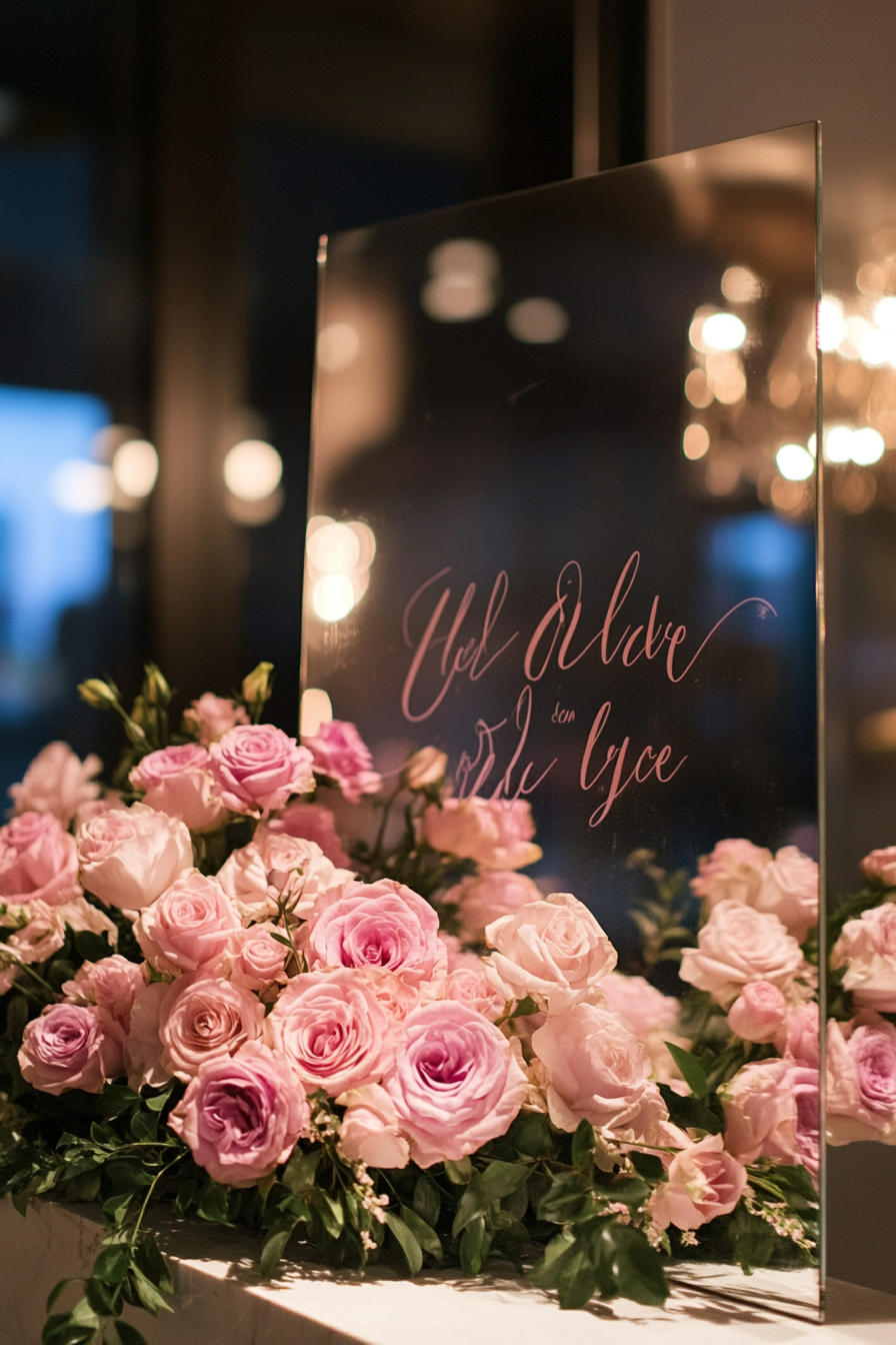 Wedding entrance display. Mirrored sign with cursive calligraphy and pink rose borders.