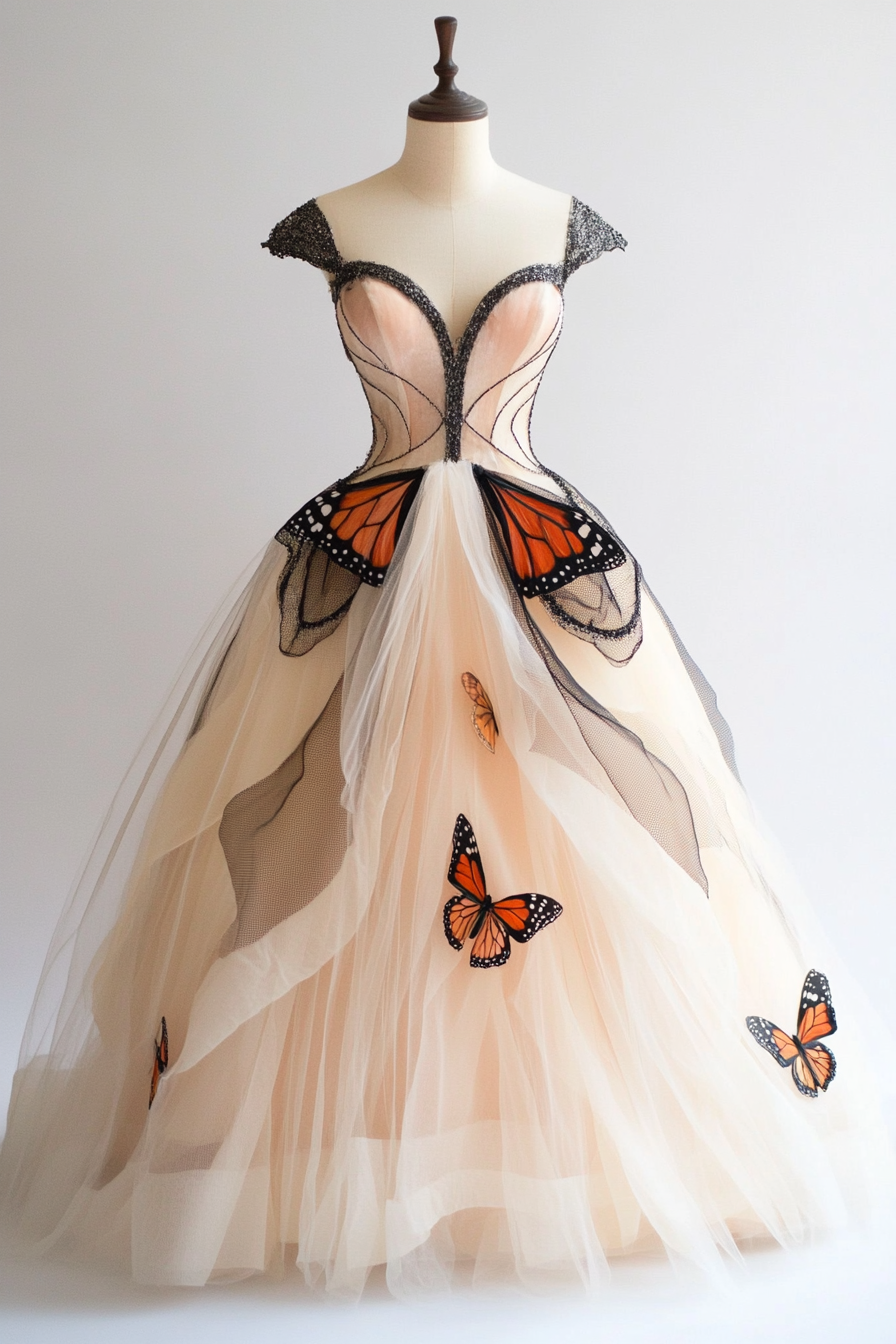 Wedding Ball Gown. Tulle layers and monarch butterfly appliques.