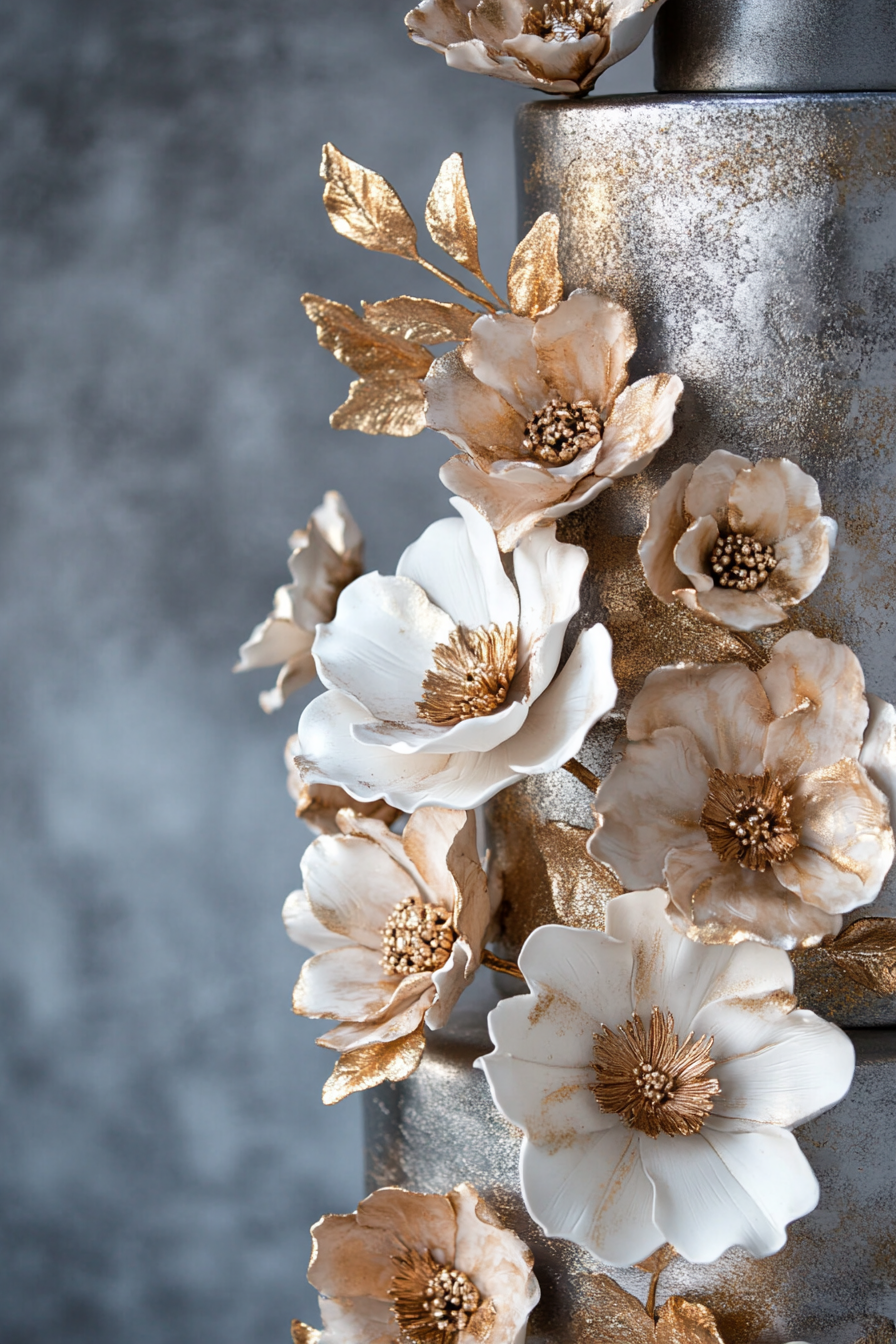 Wedding cake design. Tall metallic tiers topped with gold-veined white fondant flowers.