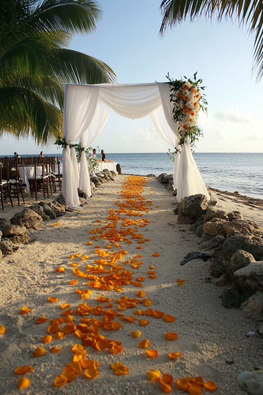 Wedding beach setup. Shell arch with white drapes, tiki torch-lit aisle, floating marigold petals.