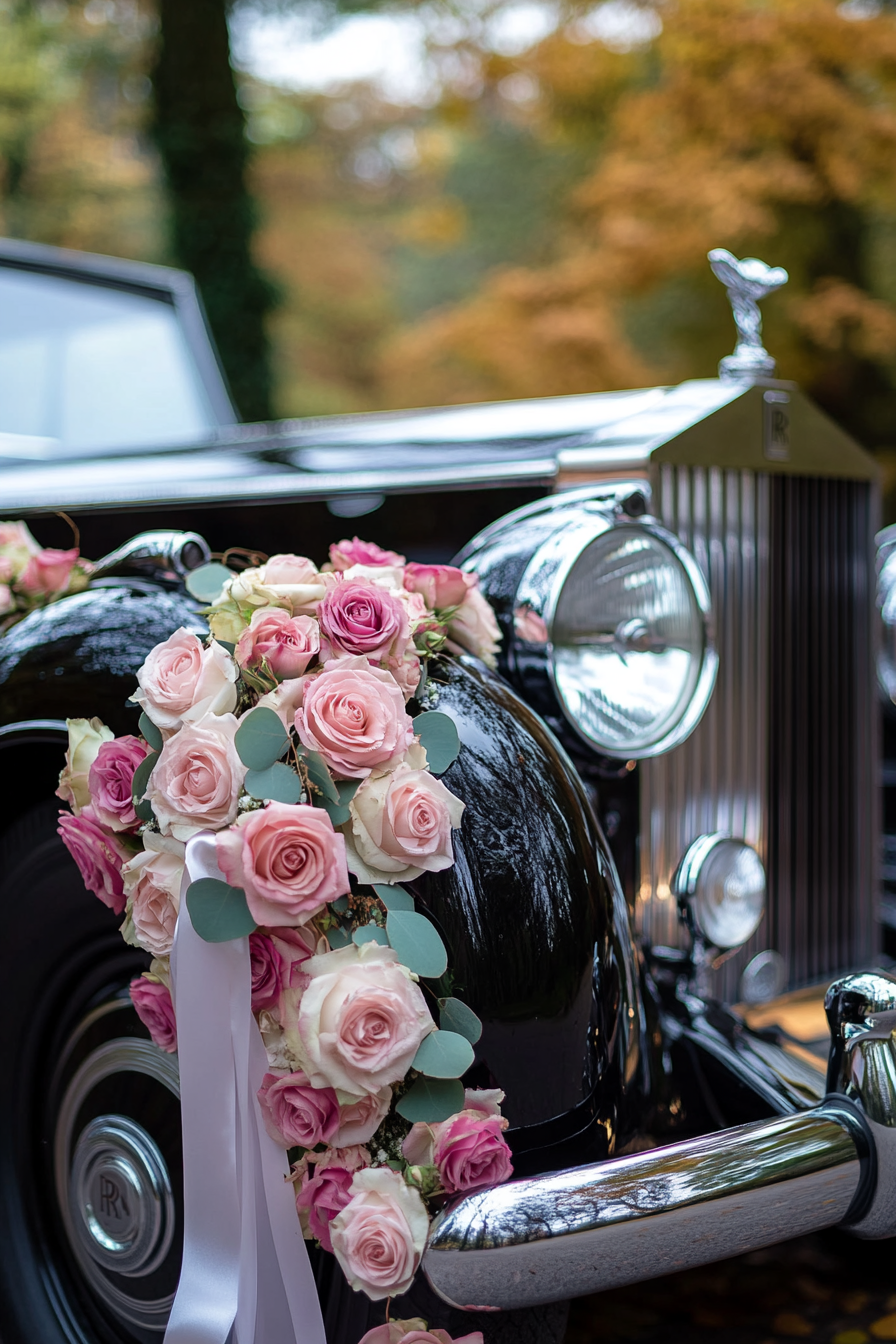 Wedding transport design. Vintage Rolls-Royce embellished with rose garlands and flowing satin ribbons.