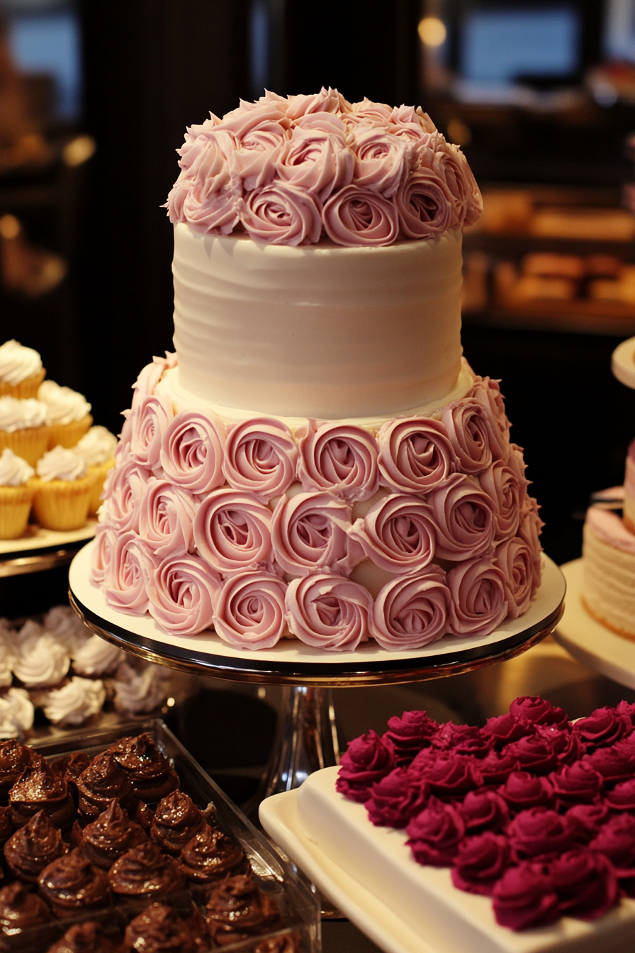 Wedding Dessert Display. Three-tiered white chocolate cake with handcrafted pink fondant roses.