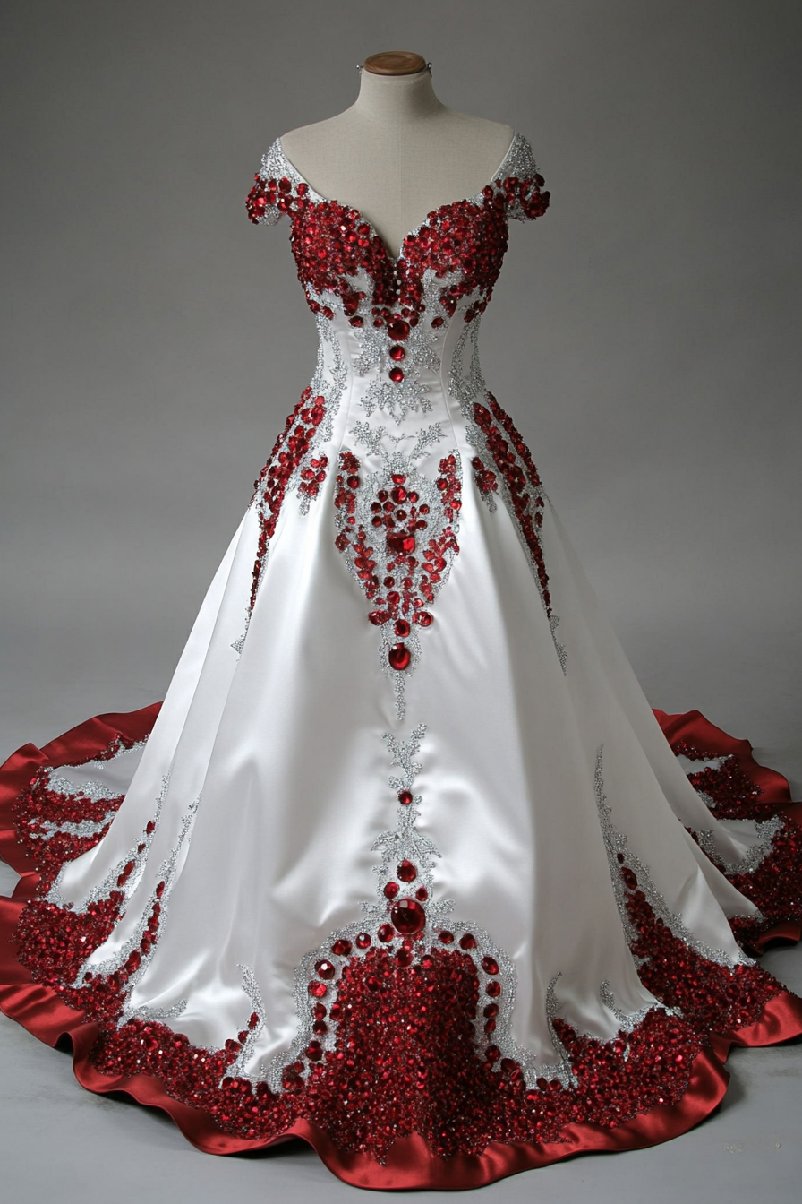 Wedding gown. Glossy Satin, cathedral train, bodiced top embedded with expansive ruby crystals.