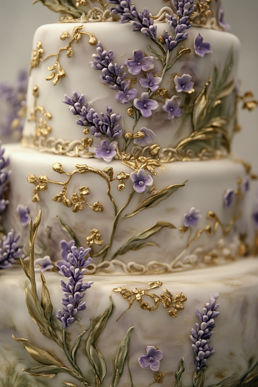 Wedding cake display. Fondant hand-painted with lavender blossoms, gold leaf accents.