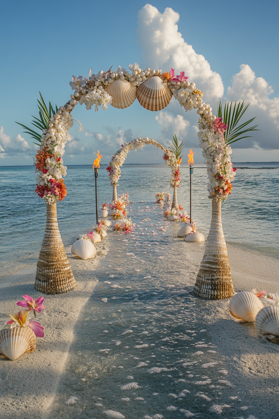 Wedding setup. Shell arch adorned with pearls, tiki torches on sandy beach, flowers floating in water.