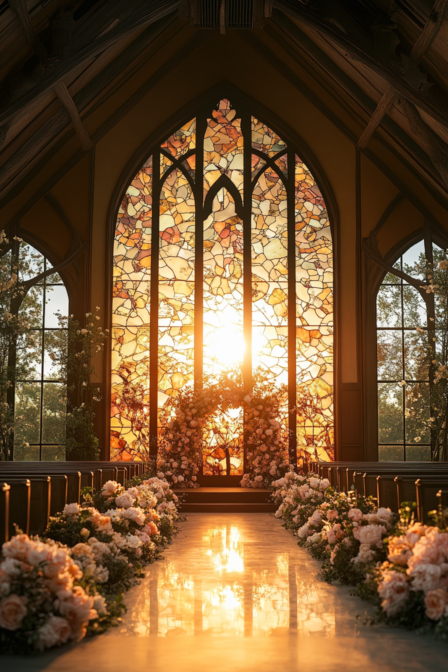 Wedding ceremony setting. Stained glass window backlit by golden sunset, aisle adorned with peonies.