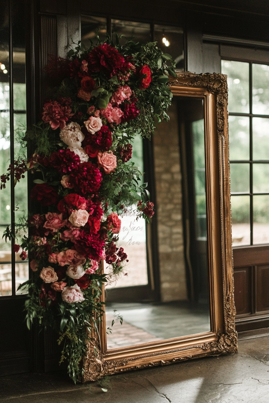 Wedding entrance display. Mirror with white calligraphy and burgundy floral frame.