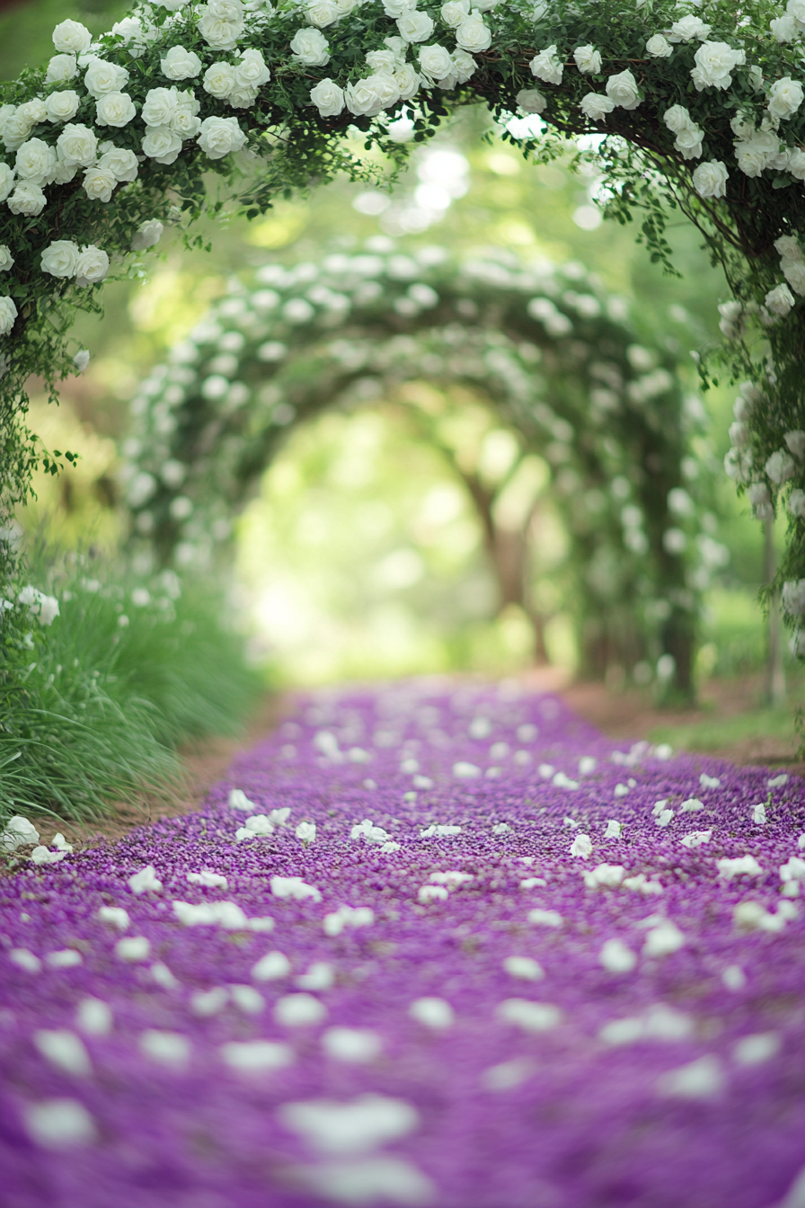 Wedding garden ceremony. White rose arches in the background of a lavender petal-strewn path.