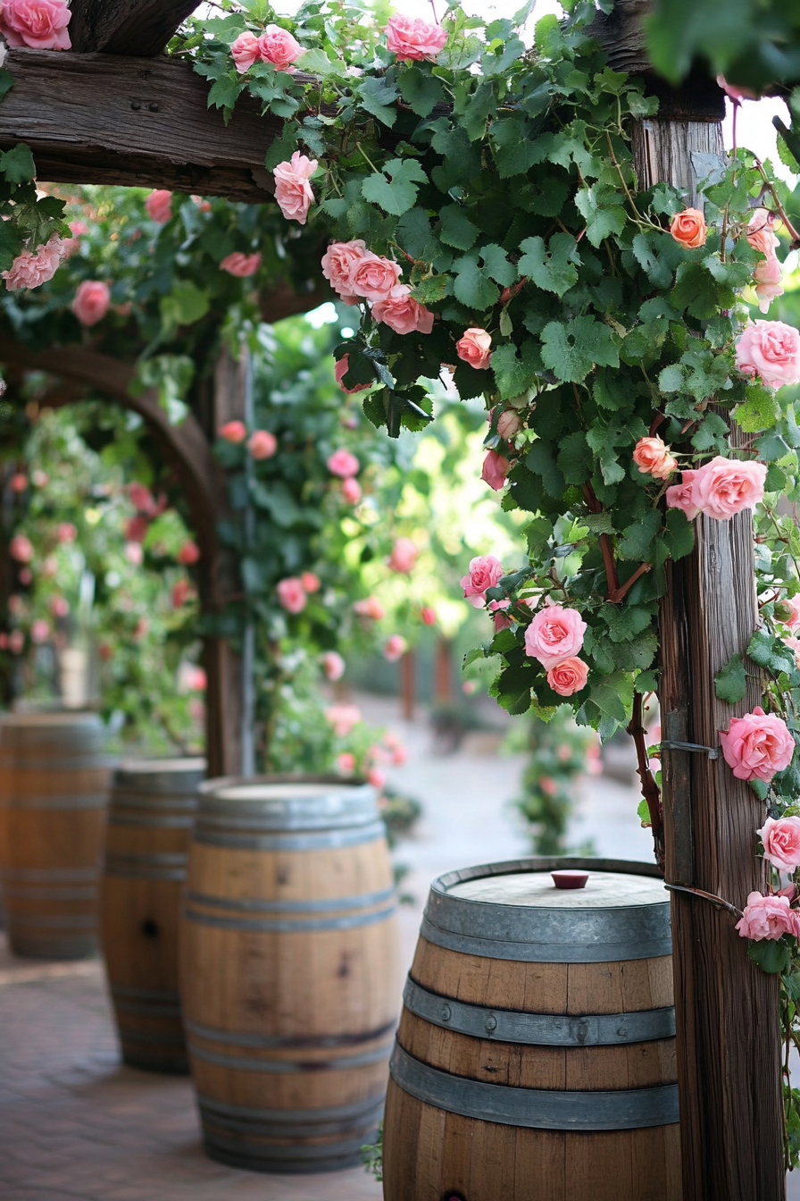 Wedding venue design. Grape arbor with climbing roses and wine barrel display.