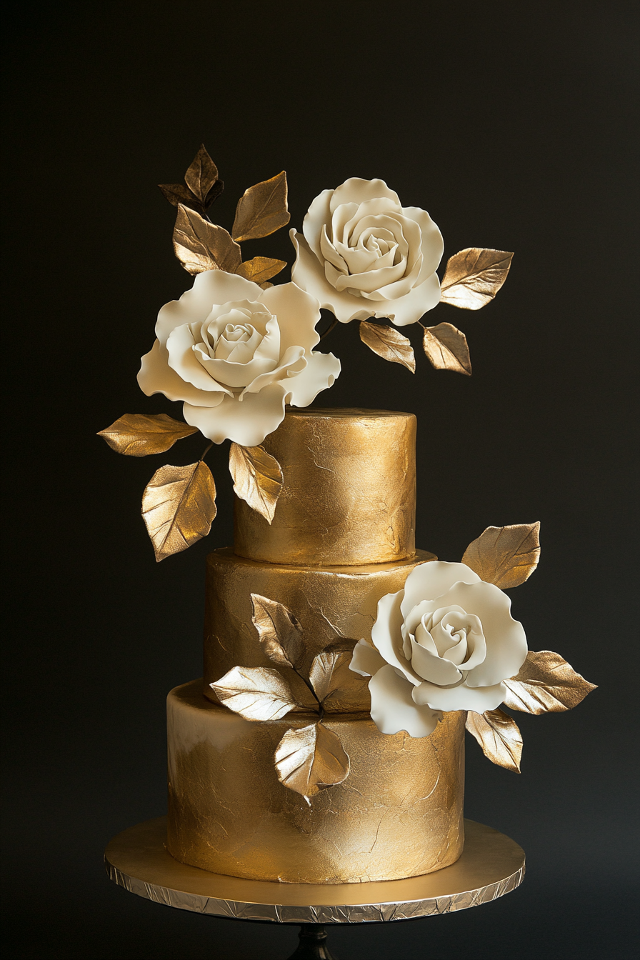 Wedding cake design. Gold-veined, metallic tiered cake with white buttercream roses.