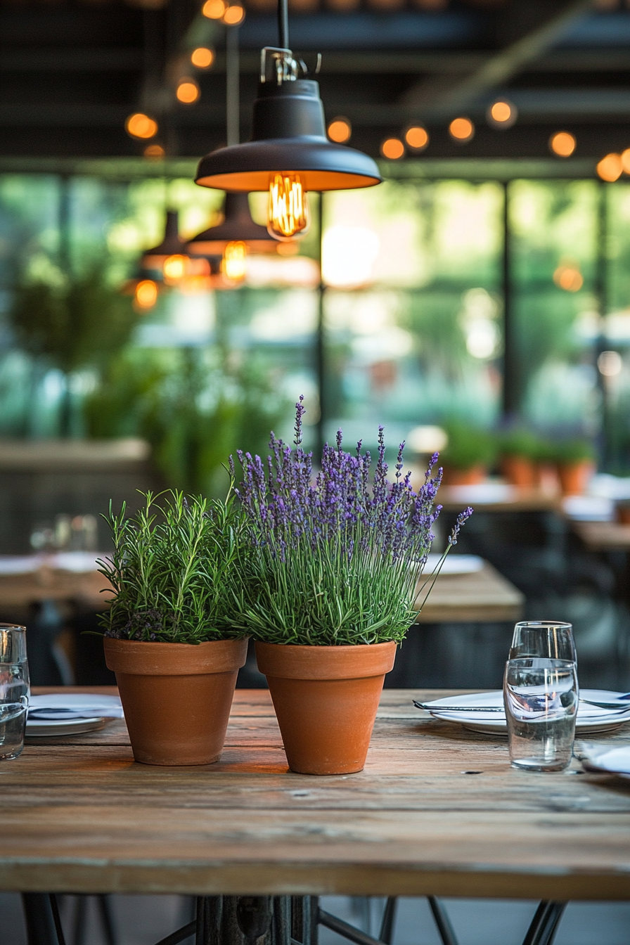 Wedding reception setup. Rosemary-laced bistro lighting with terracotta potted lavender centerpieces.