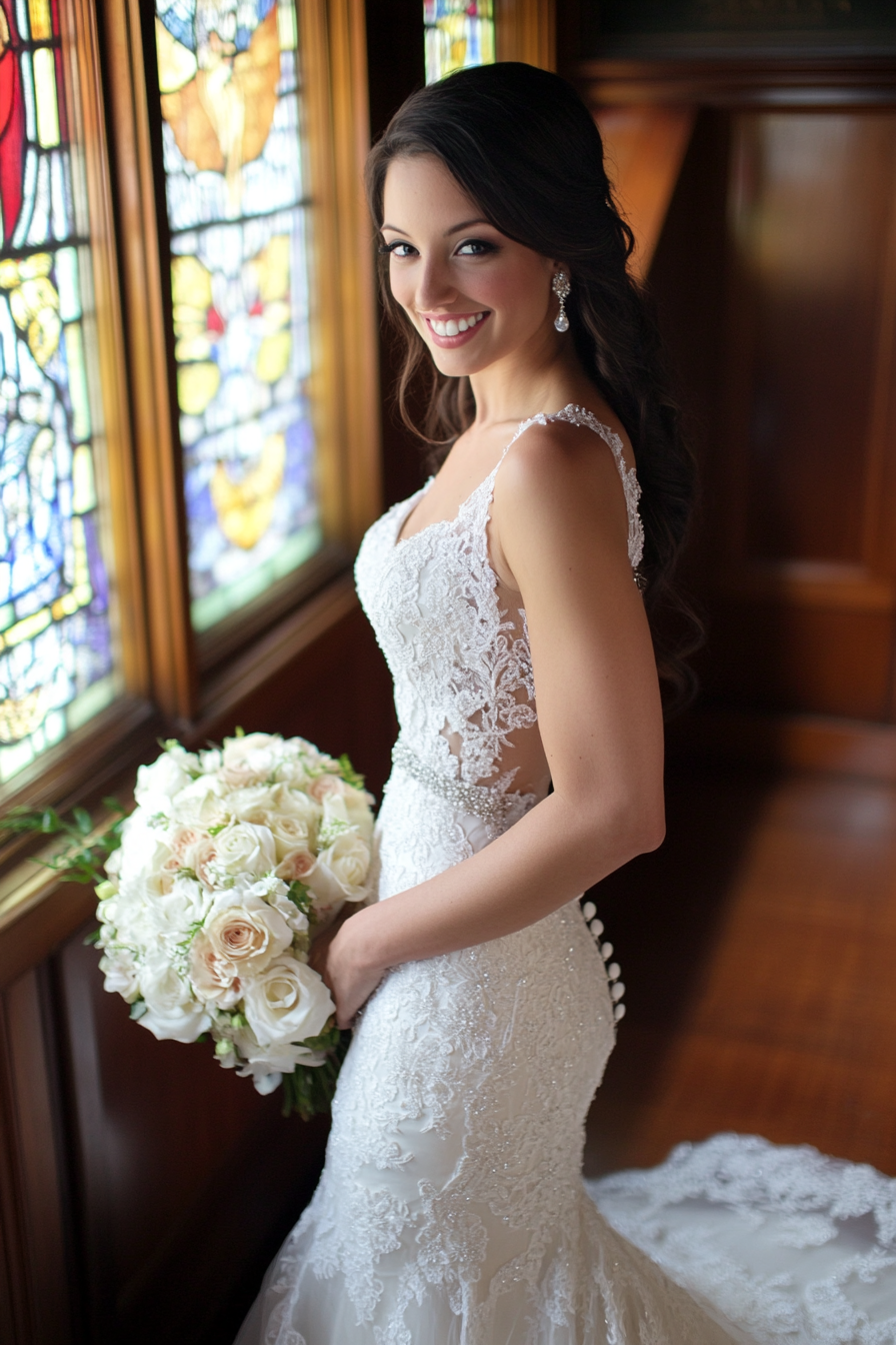 Wedding gown. Cathedral train with Alençon lace and crystallized bodice.