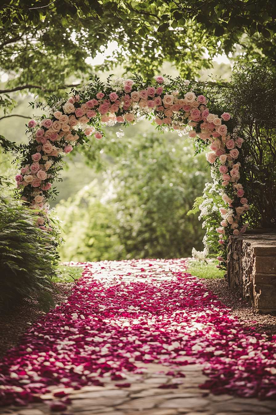 Wedding garden ceremony. Deep rose petal pathway leading to white rose arch.