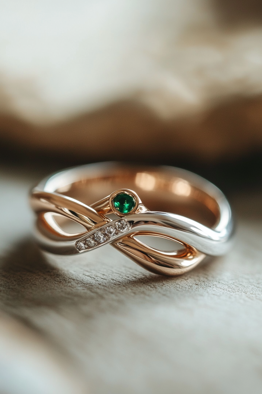 Wedding ring collection. Rose and white gold intertwining band with secret emerald.