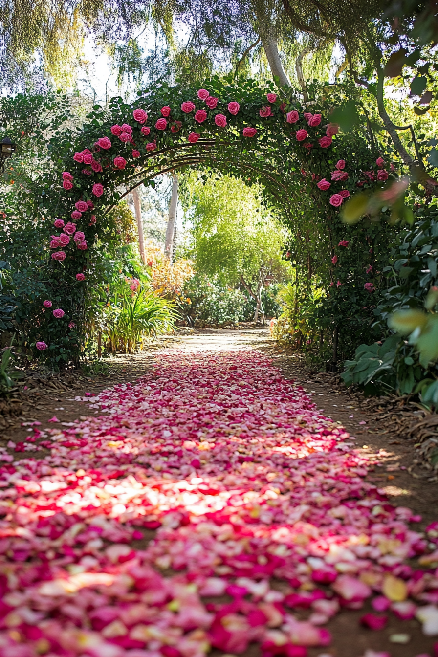 Wedding ceremony. Petal-strewn path leading to a rose-framed arch in a lush garden.