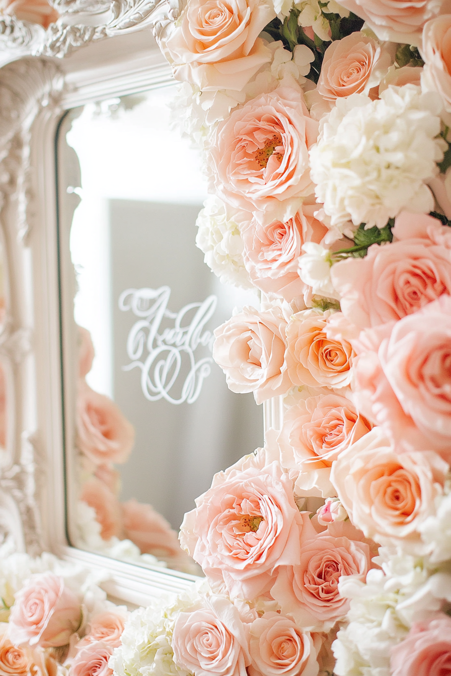 Wedding entrance display. Mirror with white calligraphy, framed by pastel roses.