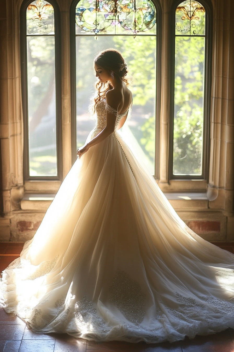 Wedding gown. Princess silhouette, ivory color with cathedral train and crystalized bodice.