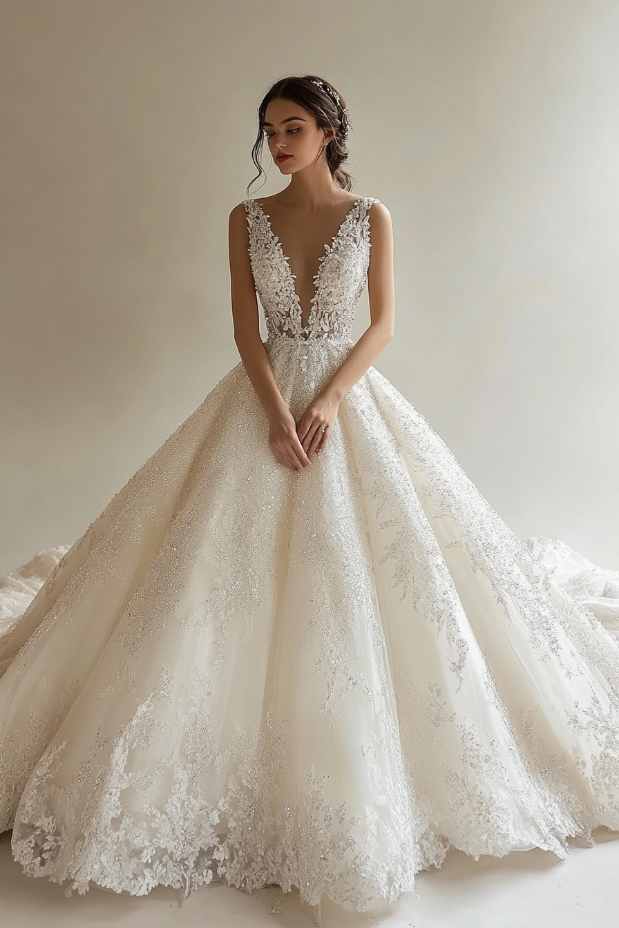 Wedding gown. Ivory, crystalized bodice with cathedral train.