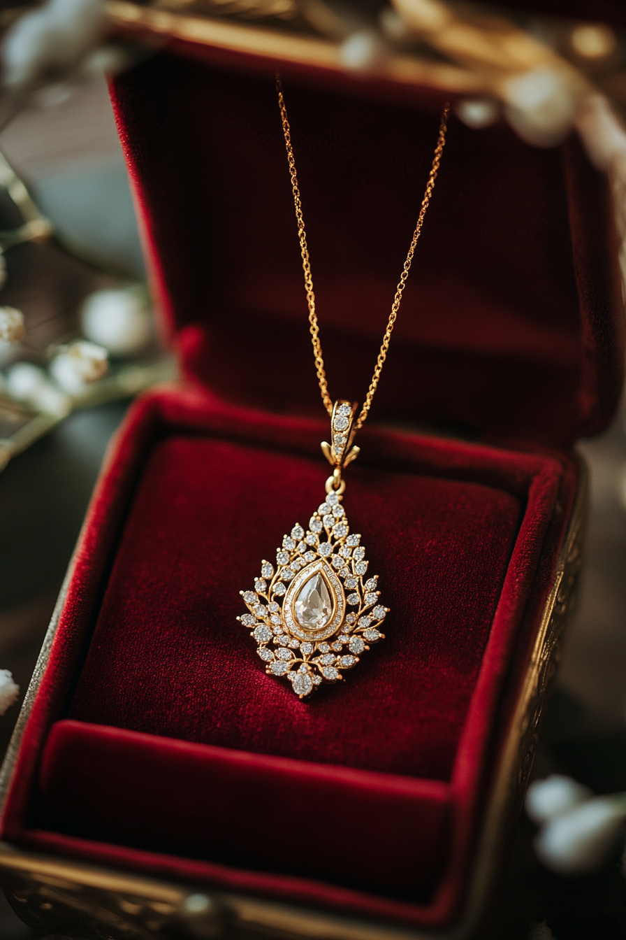 Wedding jewelry showcase. gold pendant in deep red velvet box.