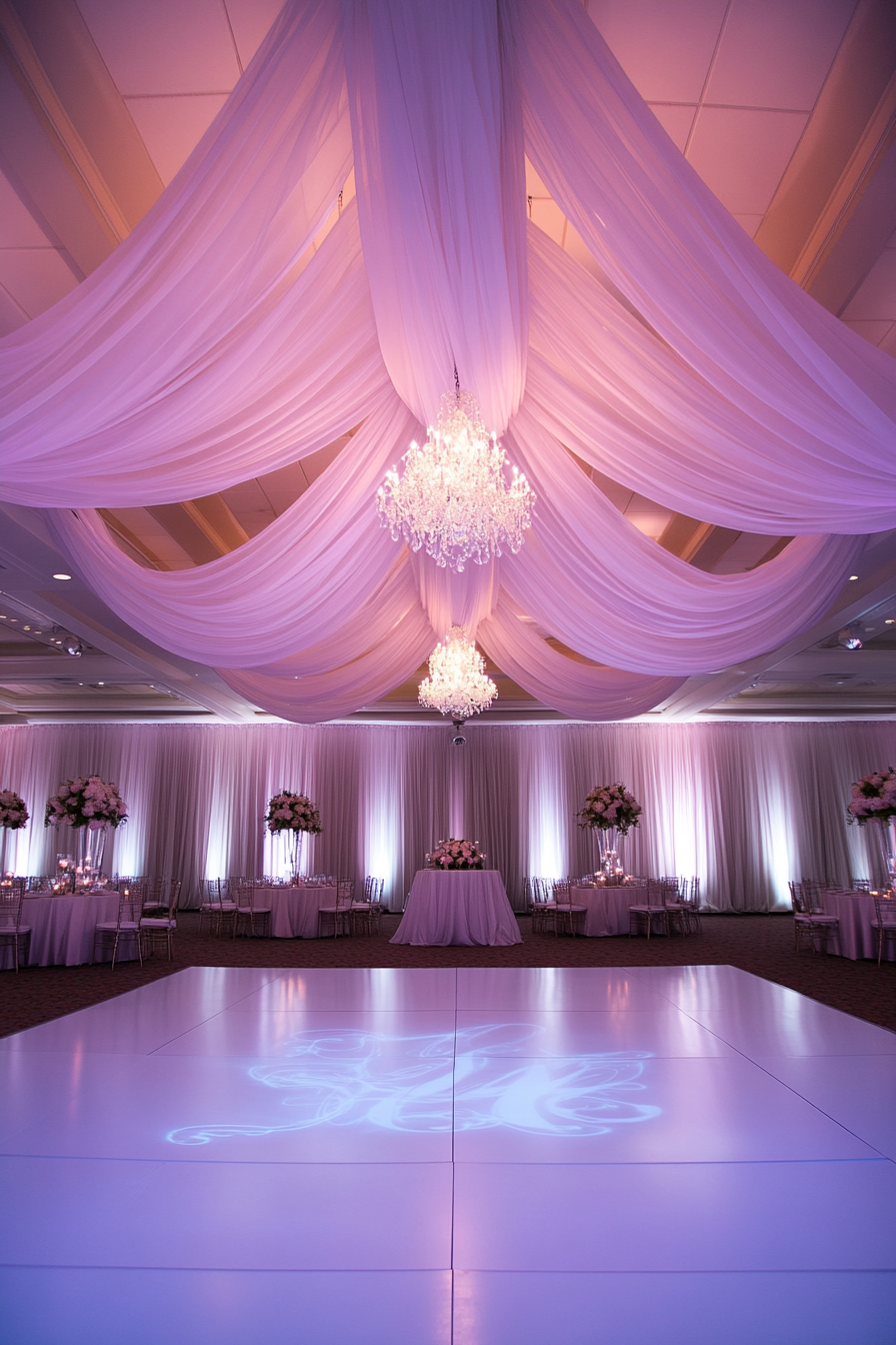 Wedding entertainment. White draped ceiling over dance floor, monogram projecting, LED strips borders.