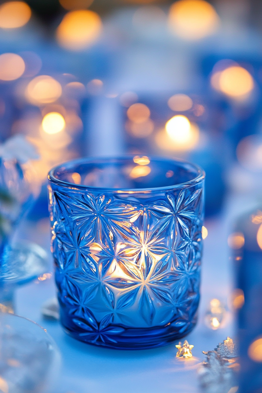 Wedding decor. Blue glass candle holders with star motifs.