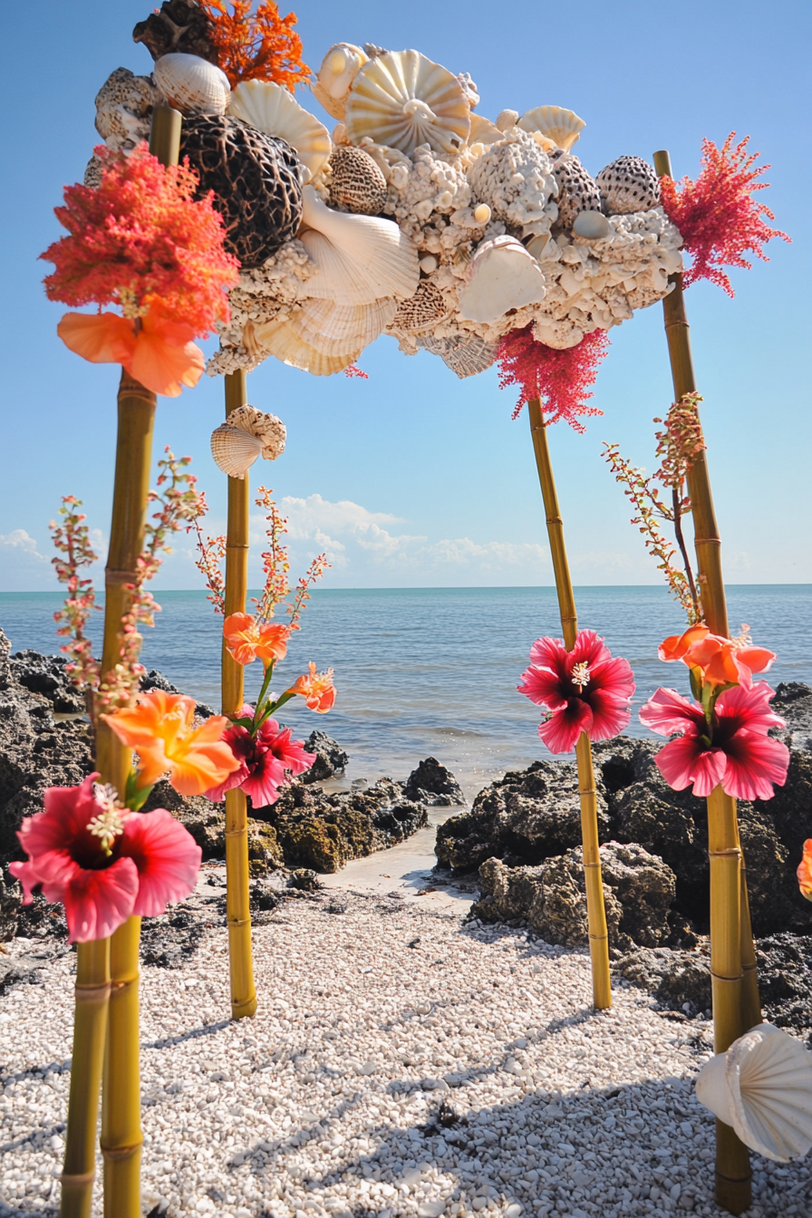 Wedding beach setup. Coral shell arch, bamboo tiki torches, fuchsia hibiscus floating flowers.