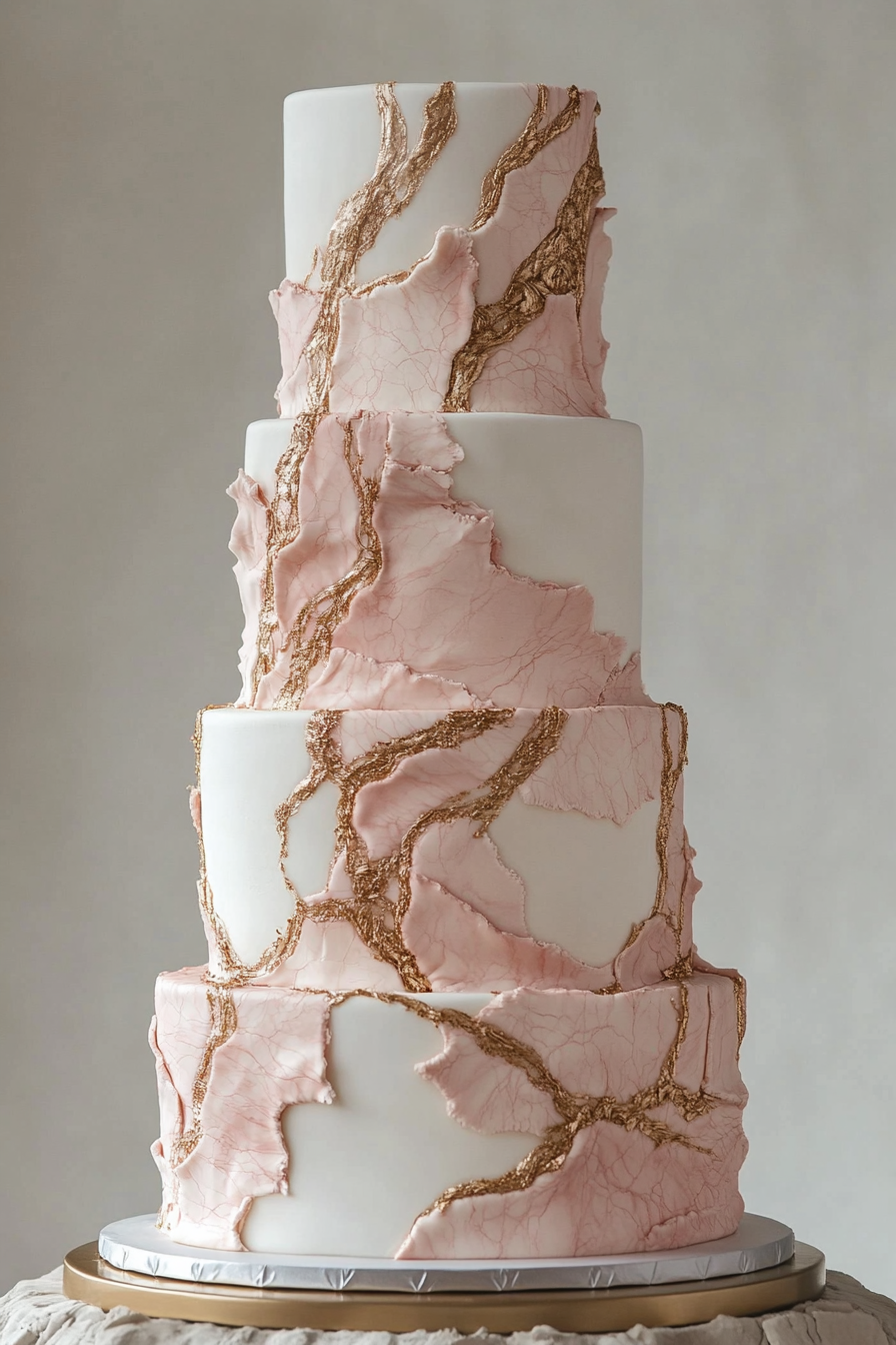 Wedding cake design. Five-tiered, rose-finished cake with gold veining.