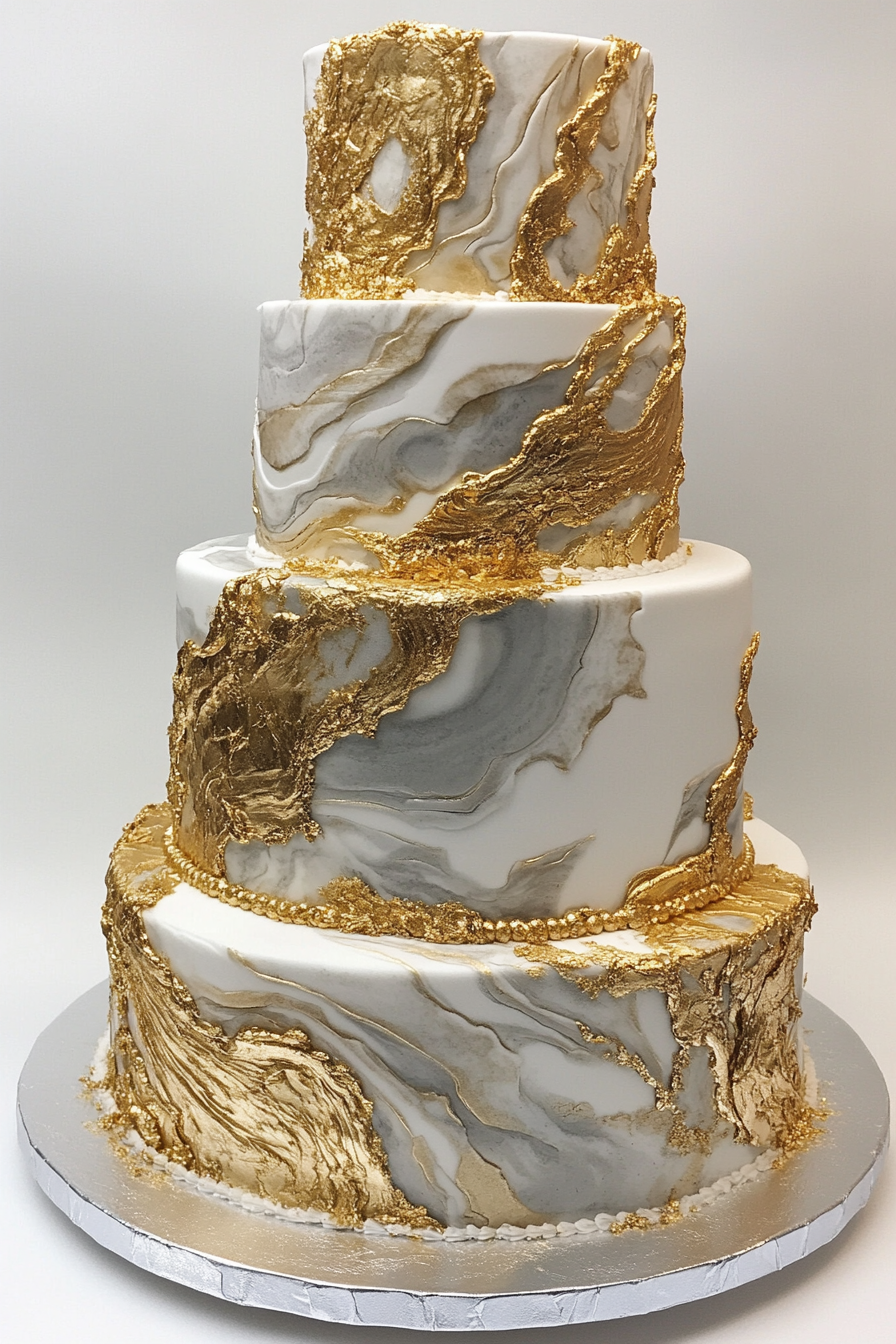 Wedding cake design. Gold veined marble fondant on metallic silver tiers.