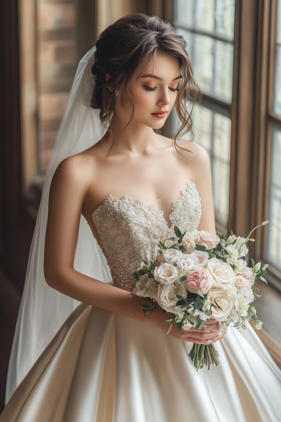 Wedding gown. Satin with cathedral train and crystalized bodice.