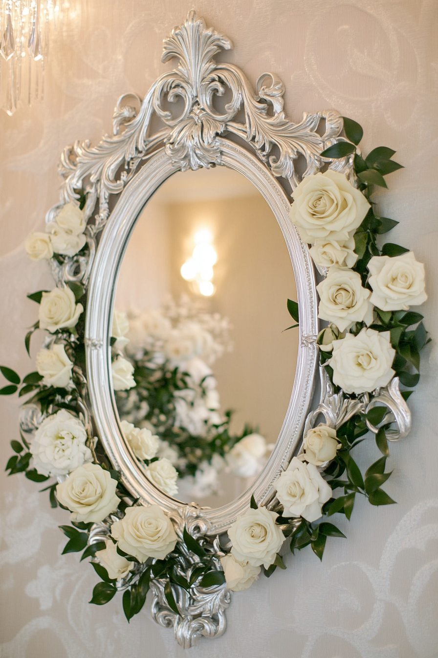 Wedding entrance display. Oval mirror with white rose border and silver calligraphy.