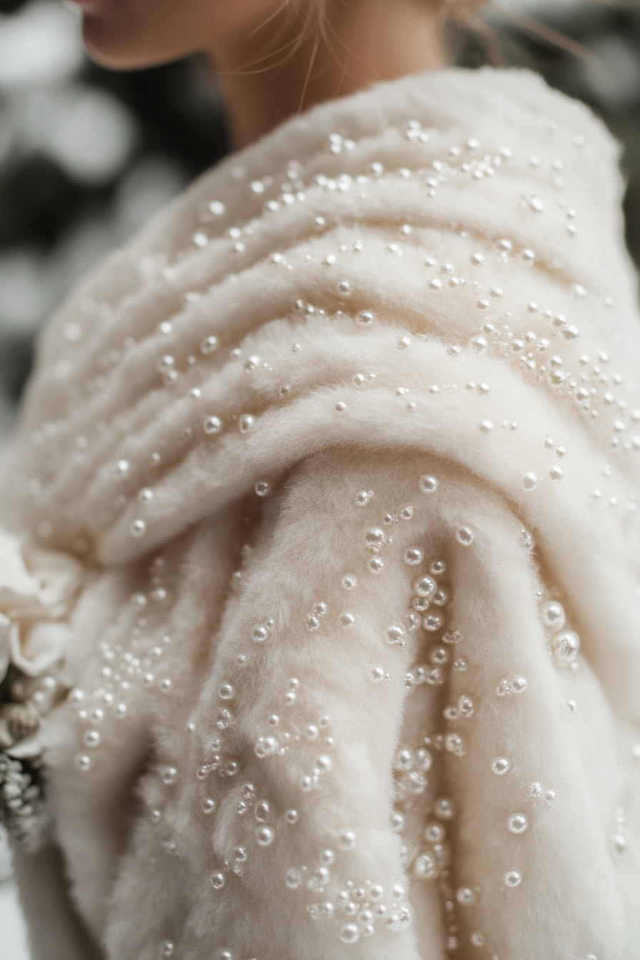 Wedding outerwear. Ivory faux fur shawl with pearl beading details.