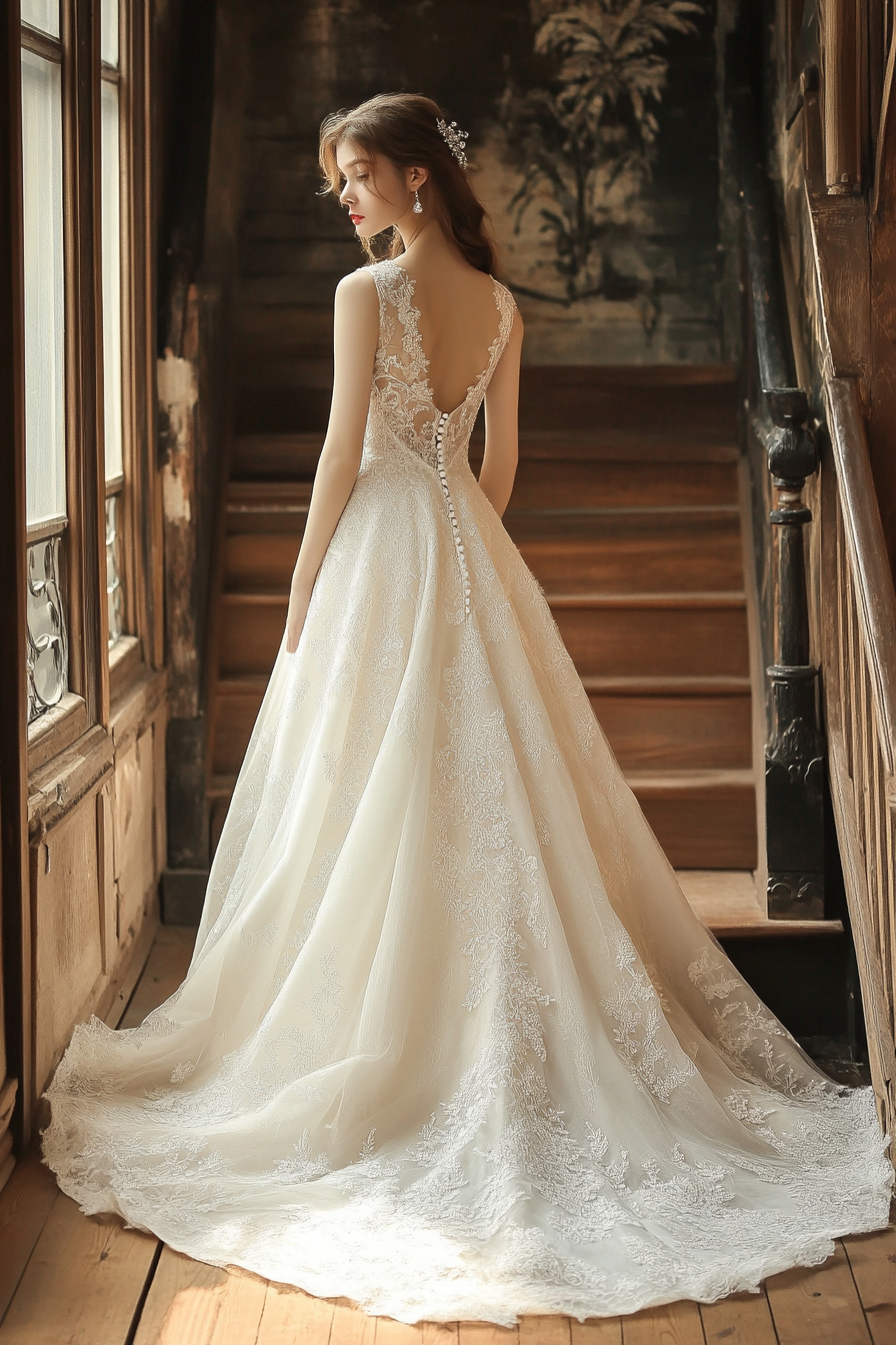 Wedding gown feature. Lace dress with crystal accents and embroidered tale.