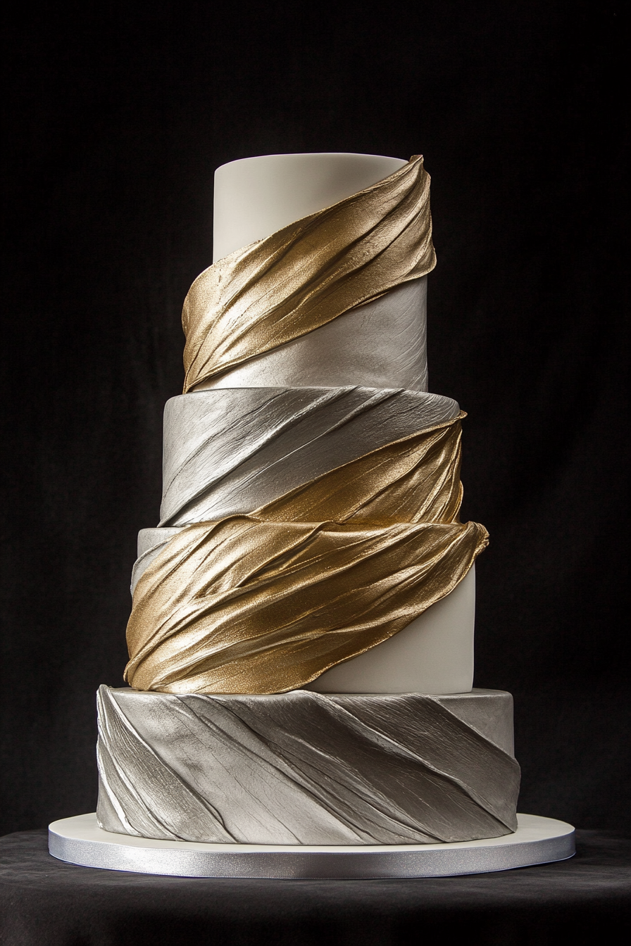 Wedding cake design. White fondant with diagonal gold veining and metallic silver tiers.