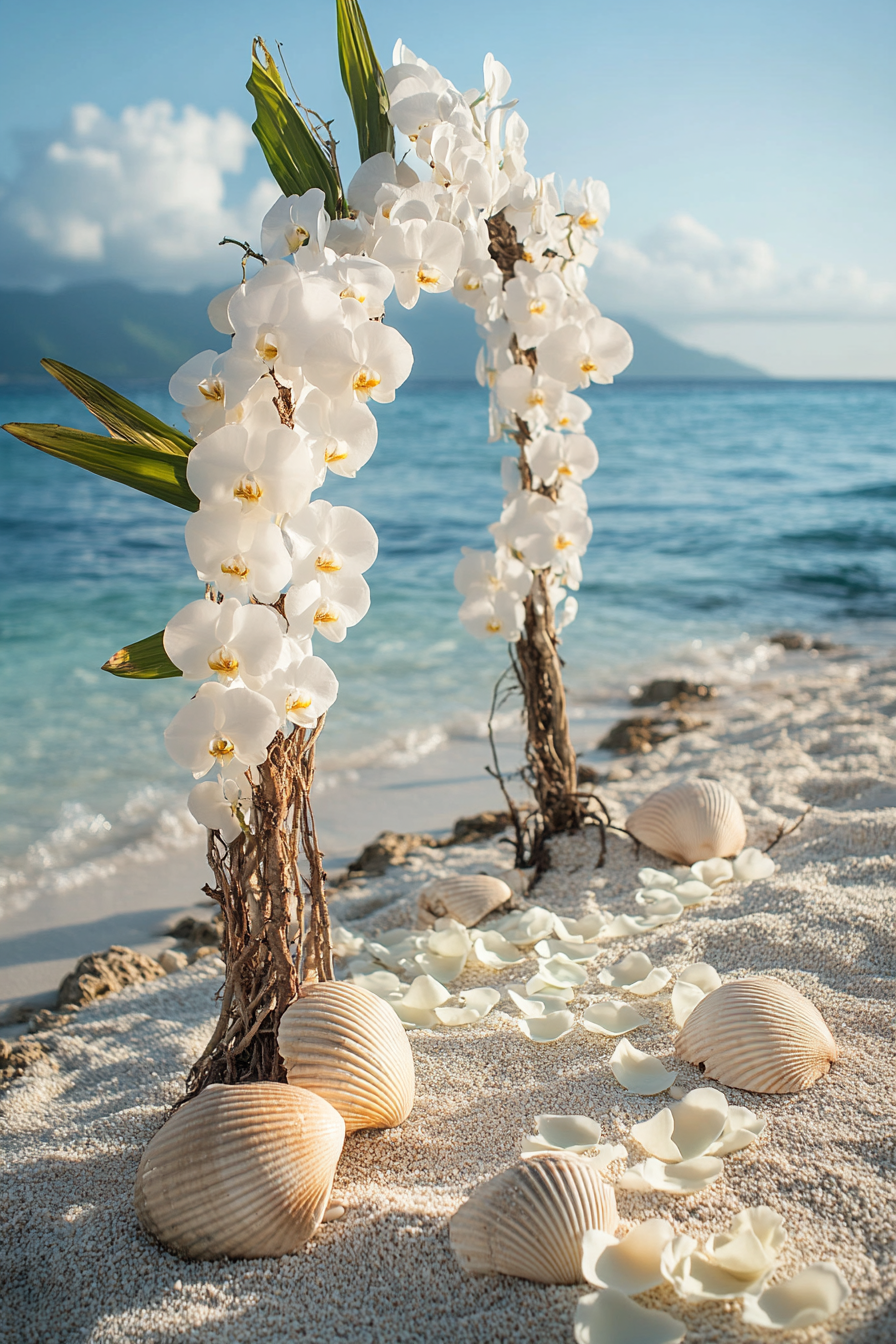 Wedding beach setup. Shell arch with white orchids, tiki torches and floating gardenia petals.