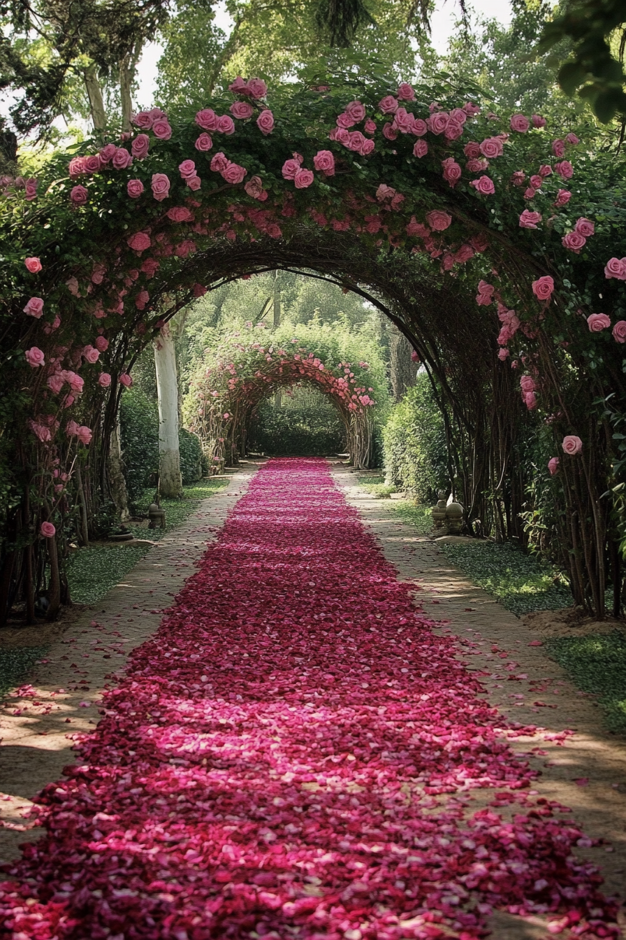 Wedding garden ceremony. Petal carpet down the aisle, under a Rose arch.