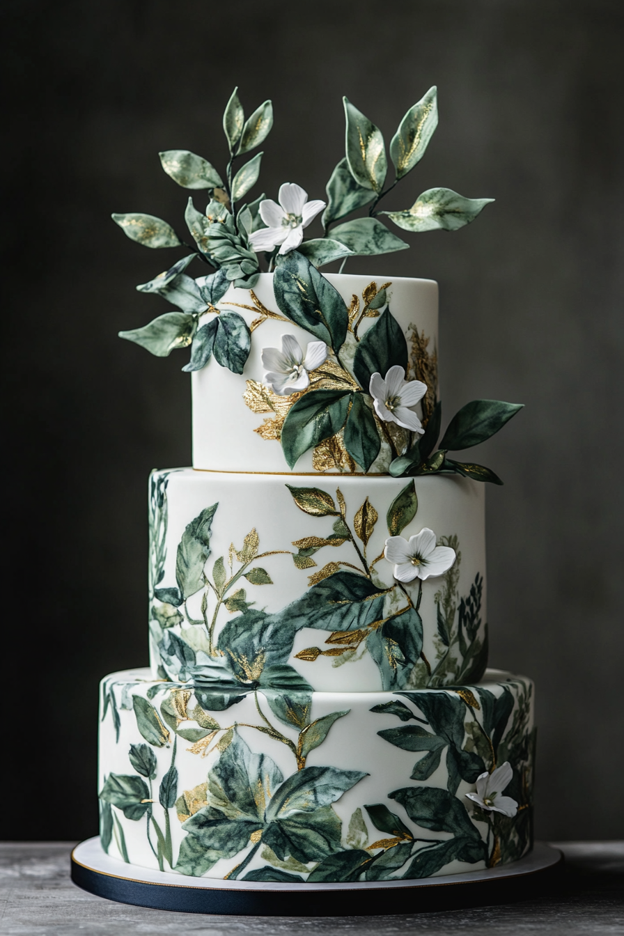 Wedding cake display. Hand-painted foliage on fondant, accented with gold leaf detailing.